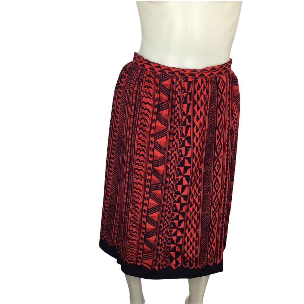 LANVIN Paris Women's Vintage Red/Navy 100% Silk Midi Skirt *No Size*